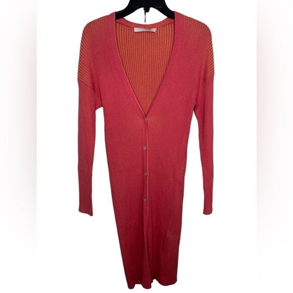 One Grey Day Pink/Orange Ribbed Long Sleeve Button Front Duster Cardigan - Picture 1 of 10